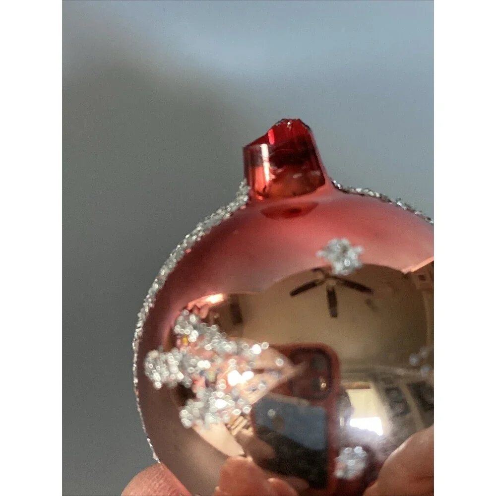 Vintage Hand Painted Blown Glass Christmas Ornament Red Small Ball Glitter
